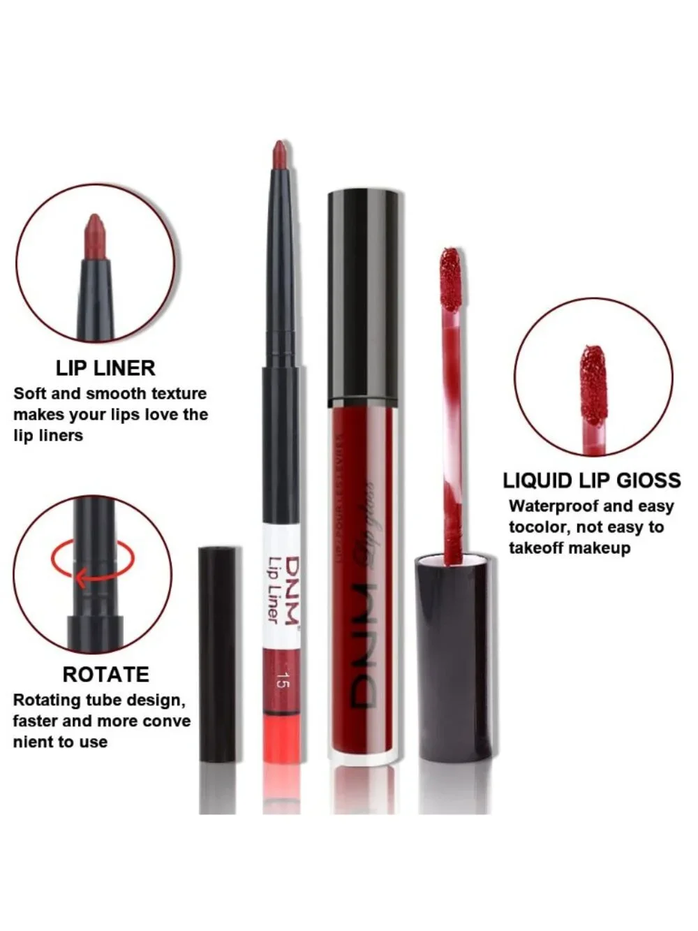 DNM 15# Dark Red 2Pcs 24H Long-Lasting Matte Liquid Lipstick and Lip Liner Set